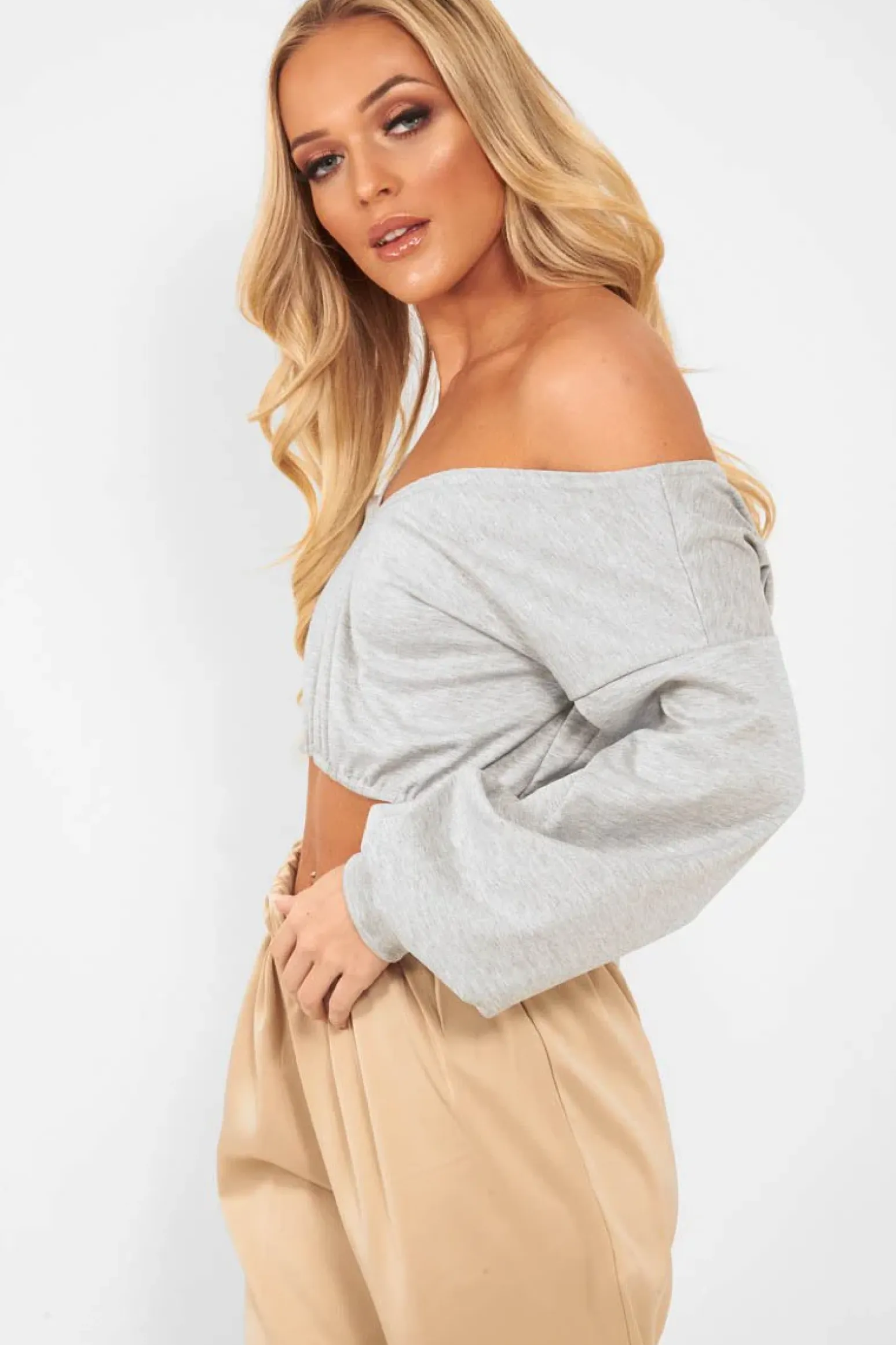 Rebellious Fashion Grey Plunge off Shoulder Cropped Sweatshirt - Zarah