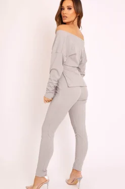 Rebellious Fashion Grey Plunge Shirt Insert Top Legging Co-ord - Destine