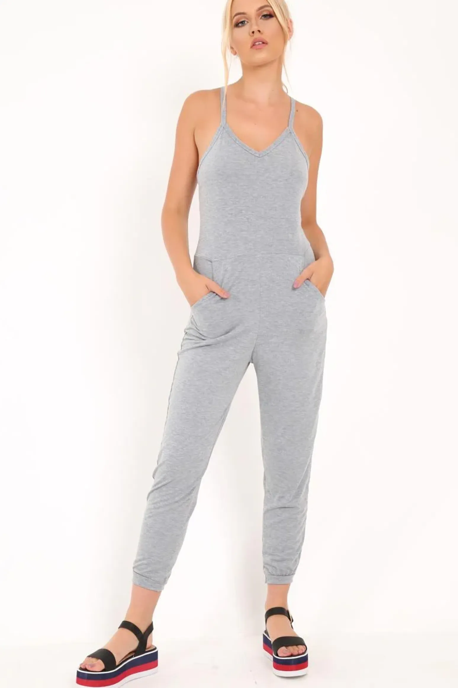 Rebellious Fashion Grey Plunge Strappy Jersey Jumpsuit - Narumi