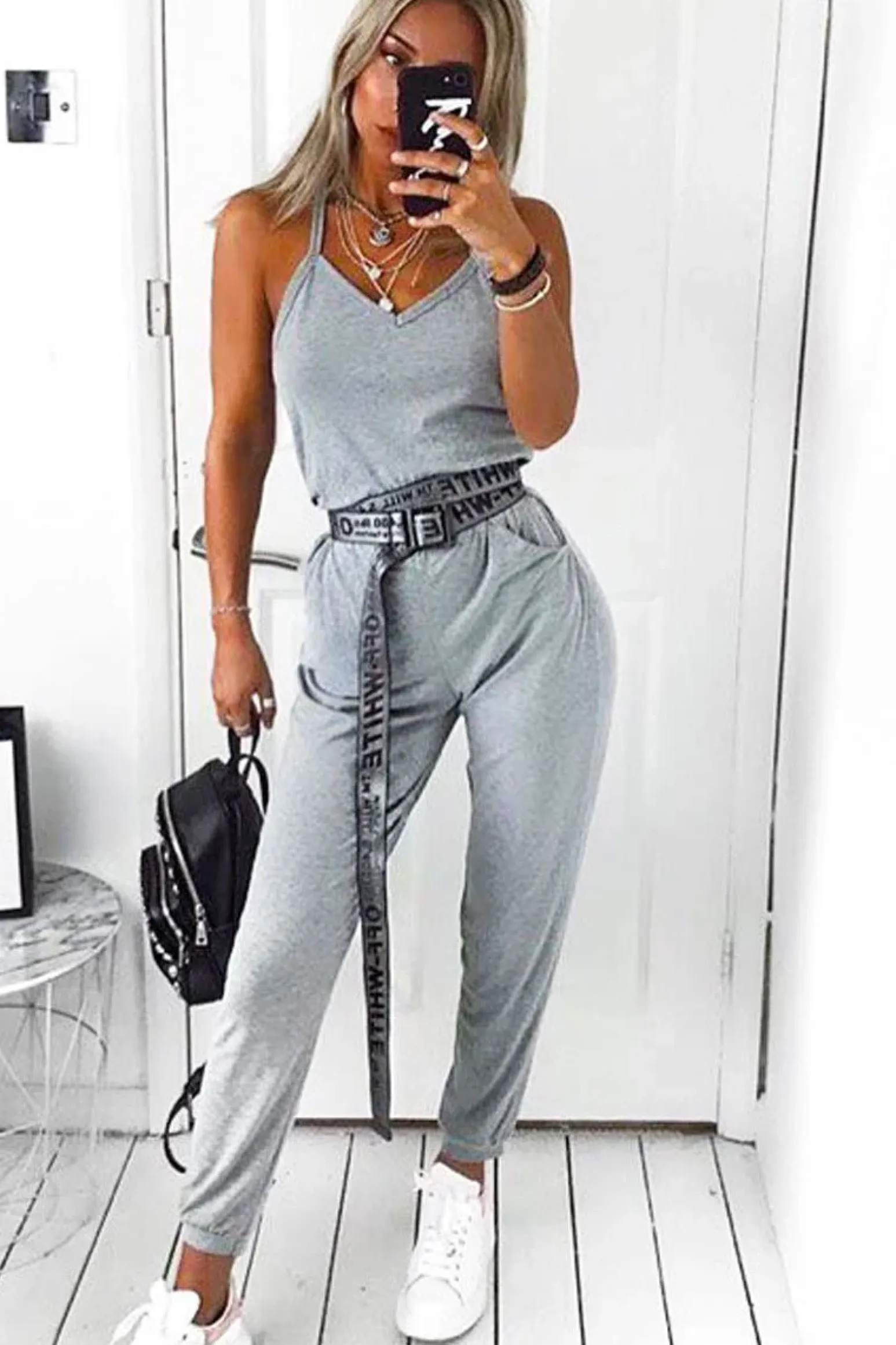 Rebellious Fashion Grey Plunge Strappy Jersey Jumpsuit - Narumi