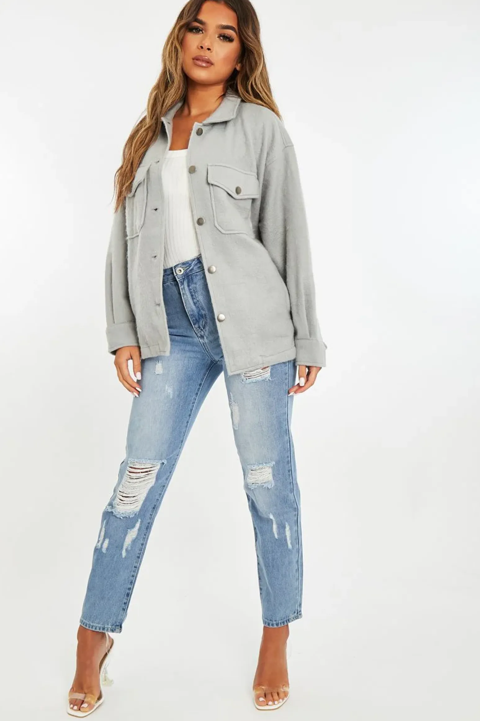 Rebellious Fashion Grey Pocket Oversized Brushed Shacket - Caley
