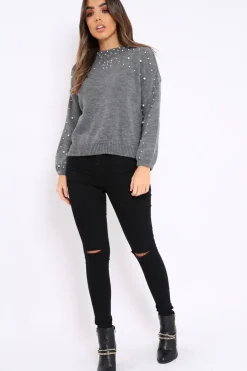 Rebellious Fashion Grey Puff Sleeve Pearl Chunky Knit Jumper - Nancie