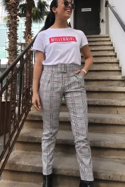 Rebellious Fashion Grey Red Tartan Belted Tailored Trousers - Celena