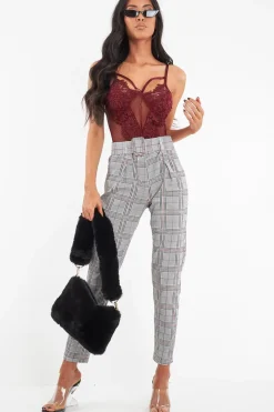 Rebellious Fashion Grey Red Tartan Belted Tailored Trousers - Celena