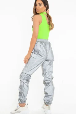 Rebellious Fashion Grey Reflective Buckle Front Cuffed Hem Joggers - Stacia