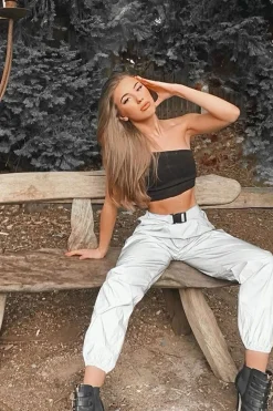 Rebellious Fashion Grey Reflective Buckle Front Cuffed Hem Joggers - Stacia