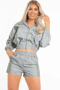 Rebellious Fashion Grey Reflective Zip Front Jacket Shorts Co-Ord - Remmi