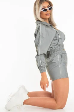 Rebellious Fashion Grey Reflective Zip Front Jacket Shorts Co-Ord - Remmi