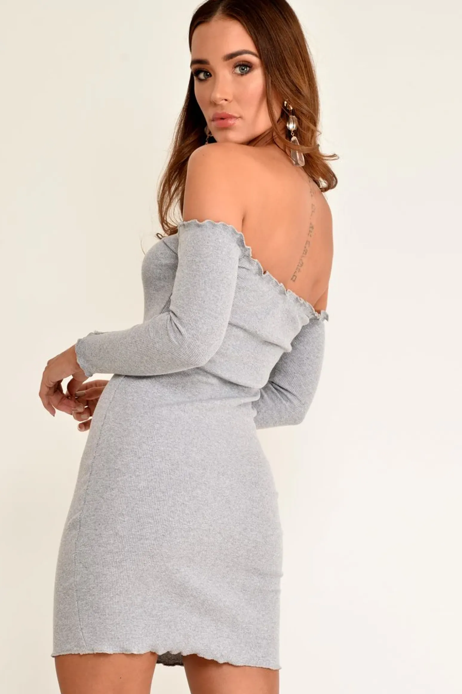 Rebellious Fashion Grey Rib Bardot Button Down Mini Dress - Janora