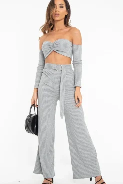 Rebellious Fashion Grey Rib Bardot Crop Top Belted Trousers Co-Ord - Cecilia
