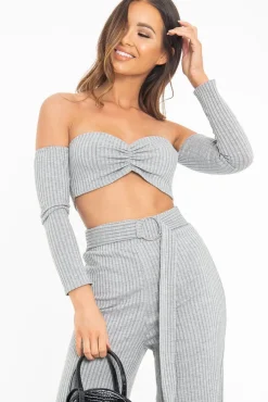 Rebellious Fashion Grey Rib Bardot Crop Top Belted Trousers Co-Ord - Cecilia