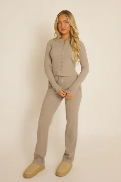 Rebellious Fashion Grey Ribbed Button Front Long Sleeve Top and Trouser Co-Ord - Giselle