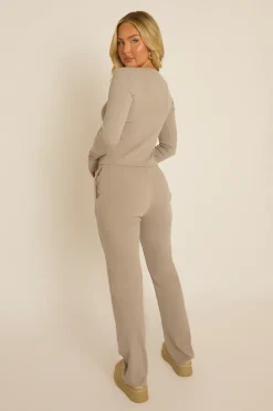 Rebellious Fashion Grey Ribbed Button Front Long Sleeve Top and Trouser Co-Ord - Giselle