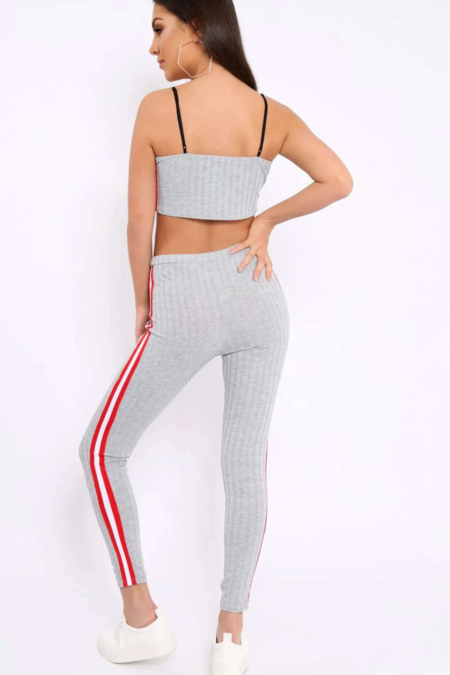 Rebellious Fashion Grey Ribbed Contrast Side Stripe Co-ord - Kaity