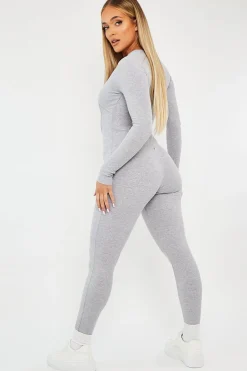 Rebellious Fashion Grey Ribbed Corset Seam Long Sleeve Jumpsuit - Poppy