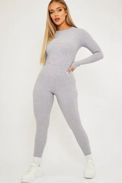 Rebellious Fashion Grey Ribbed Corset Seam Long Sleeve Jumpsuit - Poppy