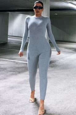 Rebellious Fashion Grey Ribbed Corset Seam Long Sleeve Jumpsuit - Poppy