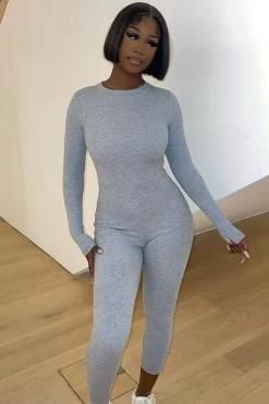 Rebellious Fashion Grey Ribbed Corset Seam Long Sleeve Jumpsuit - Poppy