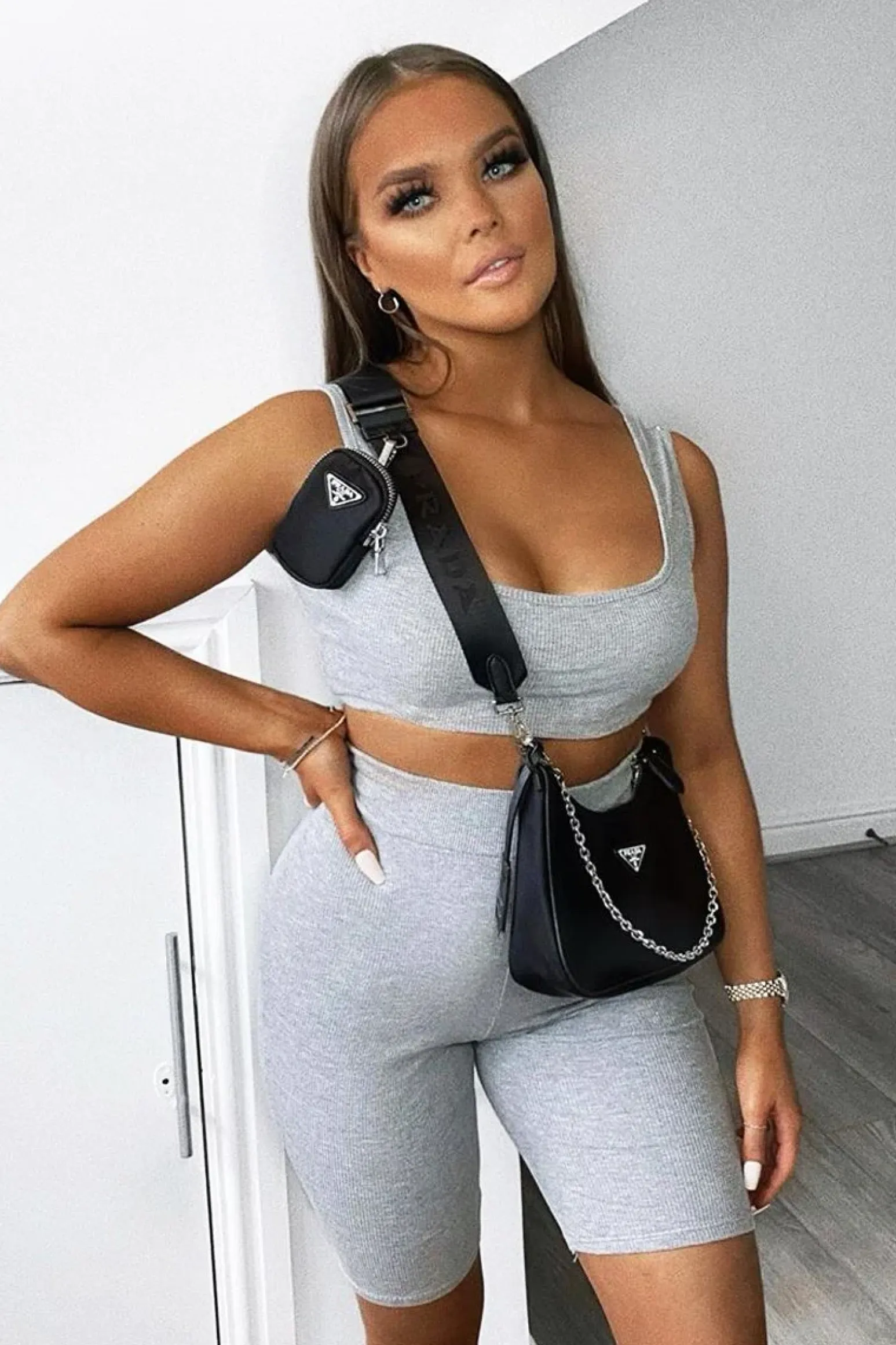 Rebellious Fashion Grey Ribbed Crop Top and Cycling Shorts Co-ord - Nina