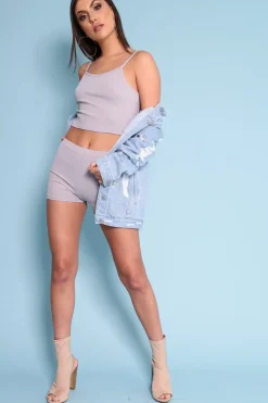 Rebellious Fashion Grey Ribbed Crop Top and Shorts Co-ord Set - Jenara