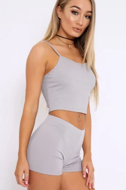 Rebellious Fashion Grey Ribbed Crop Top and Shorts Co-ord Set - Jenara