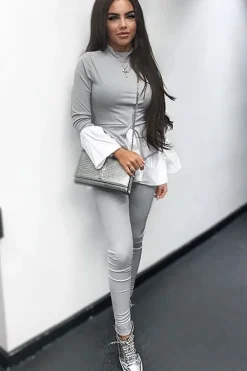 Rebellious Fashion Grey Ribbed Flared Shirt and Leggings Co-ord - Aafiya