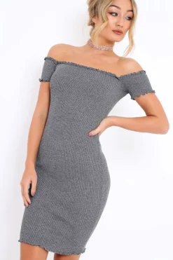Rebellious Fashion Grey Ribbed Frill Hem Bardot Bodycon Dress - Kamille