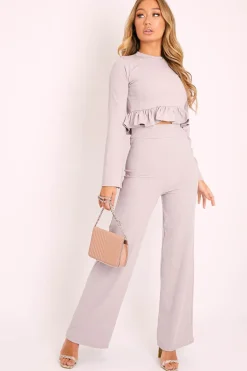 Rebellious Fashion Grey Ribbed Frill Hem Top and Wide Leg Trouser Co-ord - Blayke