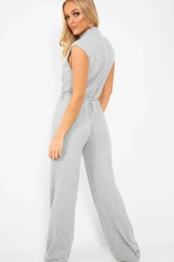 Rebellious Fashion Grey Ribbed High Neck Wide Leg Belted Jumpsuit - Rayden
