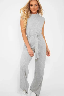 Rebellious Fashion Grey Ribbed High Neck Wide Leg Belted Jumpsuit - Rayden