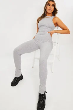 Rebellious Fashion Grey Ribbed Racer Neckline Jumpsuit - Kila