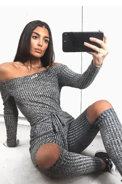 Rebellious Fashion Grey Ribbed Rip Knee Jumpsuit - Chyna