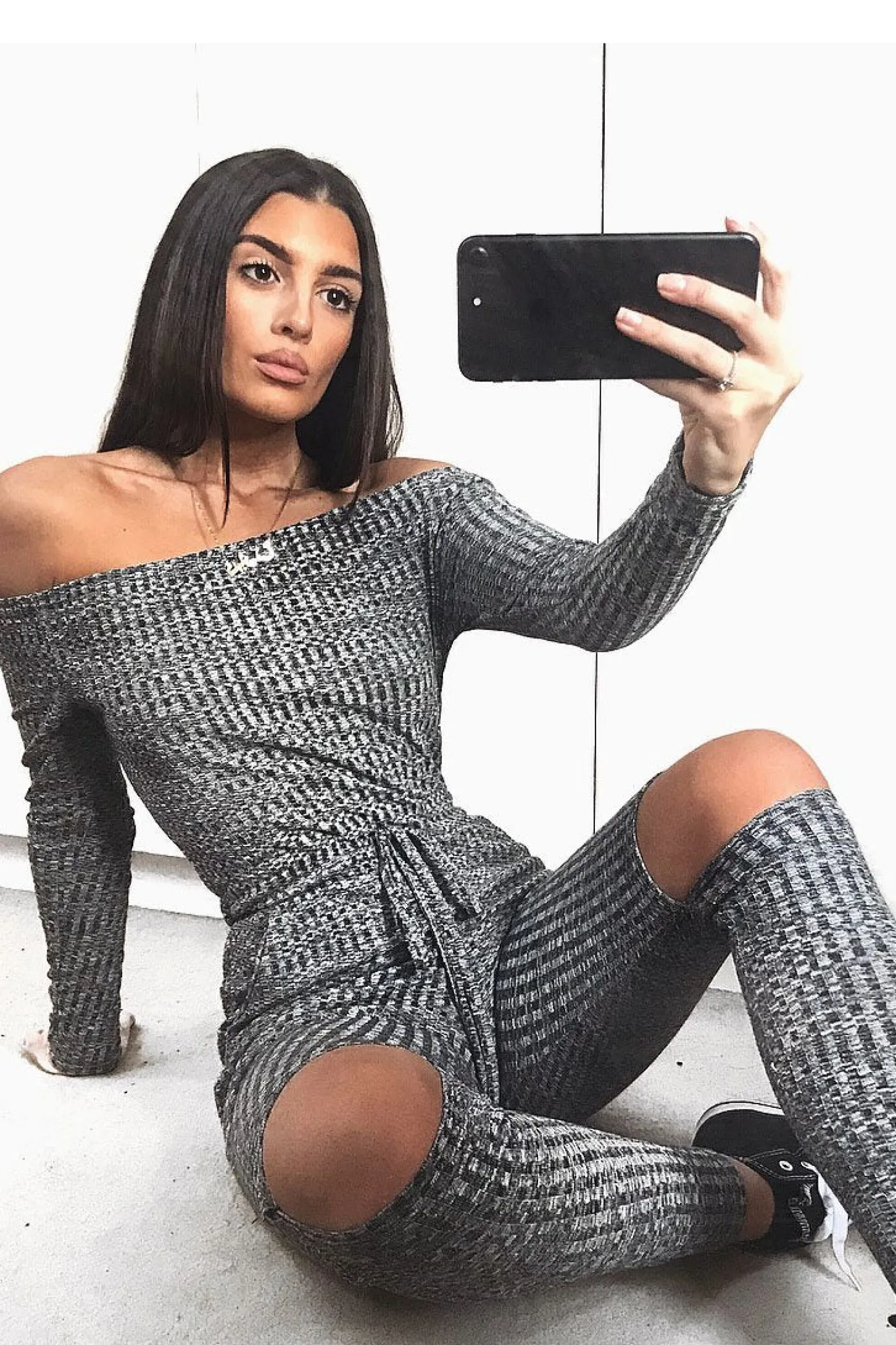 Rebellious Fashion Grey Ribbed Rip Knee Jumpsuit - Chyna