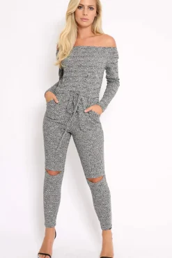 Rebellious Fashion Grey Ribbed Rip Knee Jumpsuit - Chyna