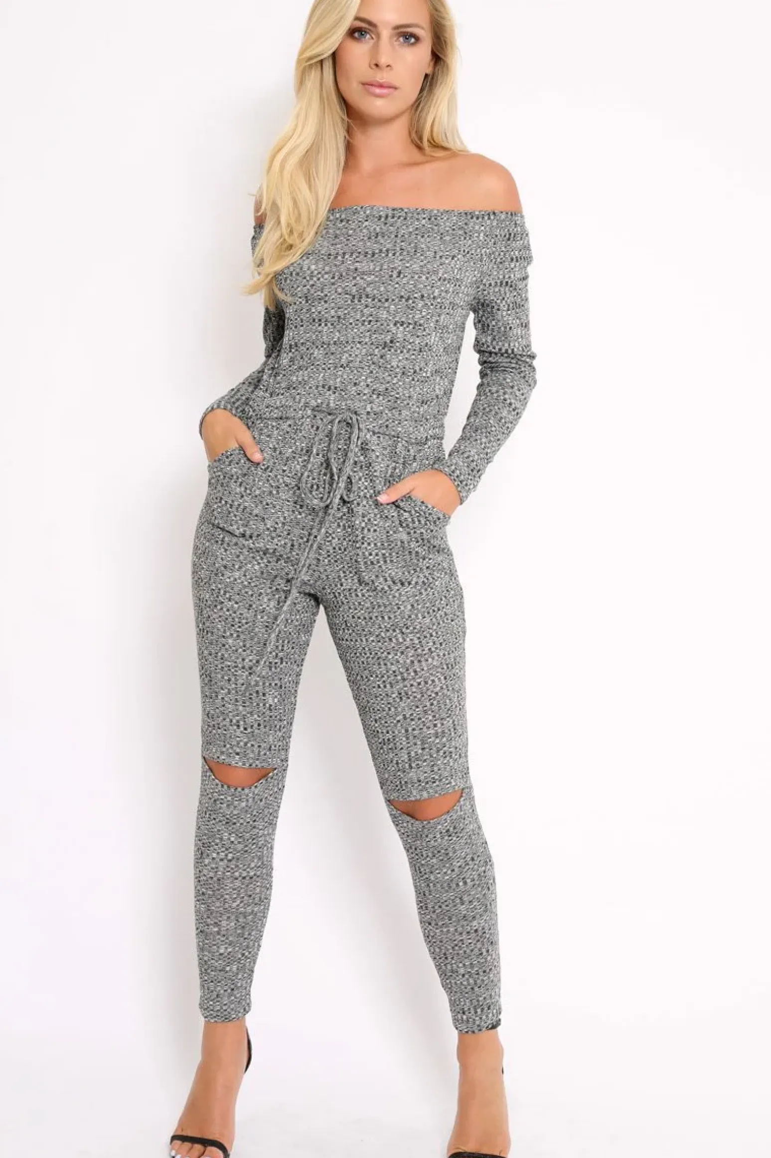 Rebellious Fashion Grey Ribbed Rip Knee Jumpsuit - Chyna