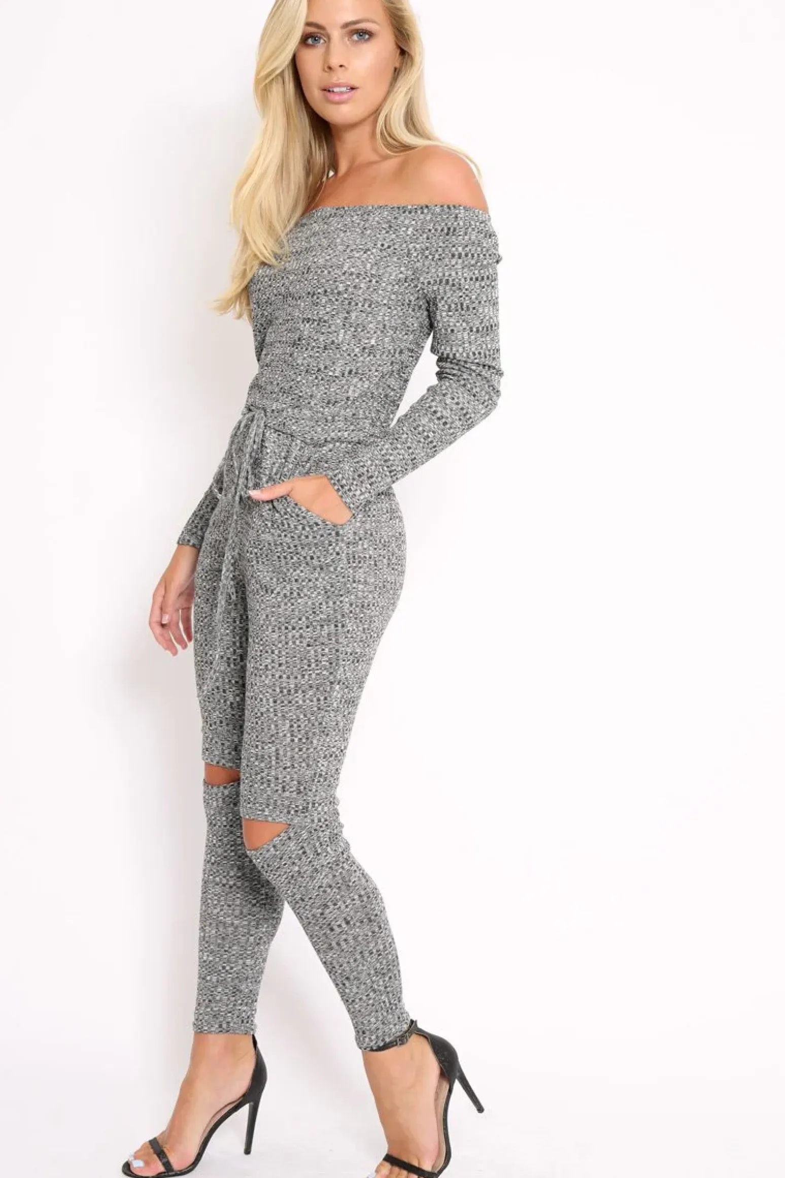 Rebellious Fashion Grey Ribbed Rip Knee Jumpsuit - Chyna