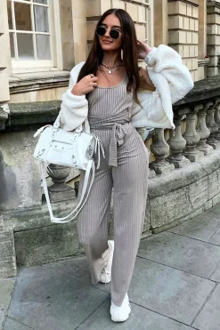 Rebellious Fashion Grey Ribbed Zip Back Belted Jumpsuit - Indiya