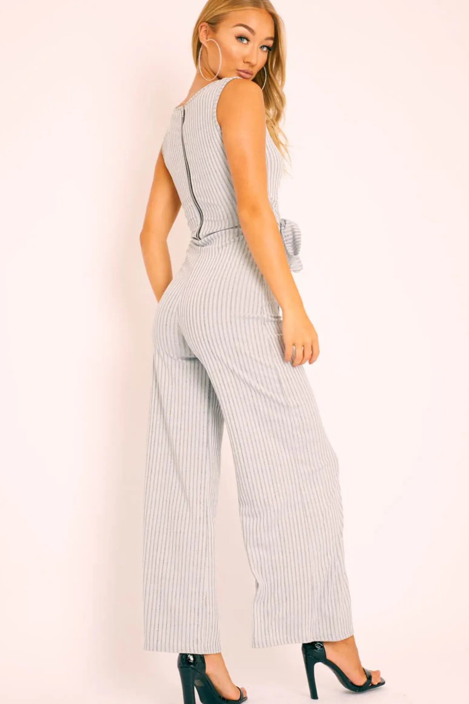 Rebellious Fashion Grey Ribbed Zip Back Belted Jumpsuit - Indiya