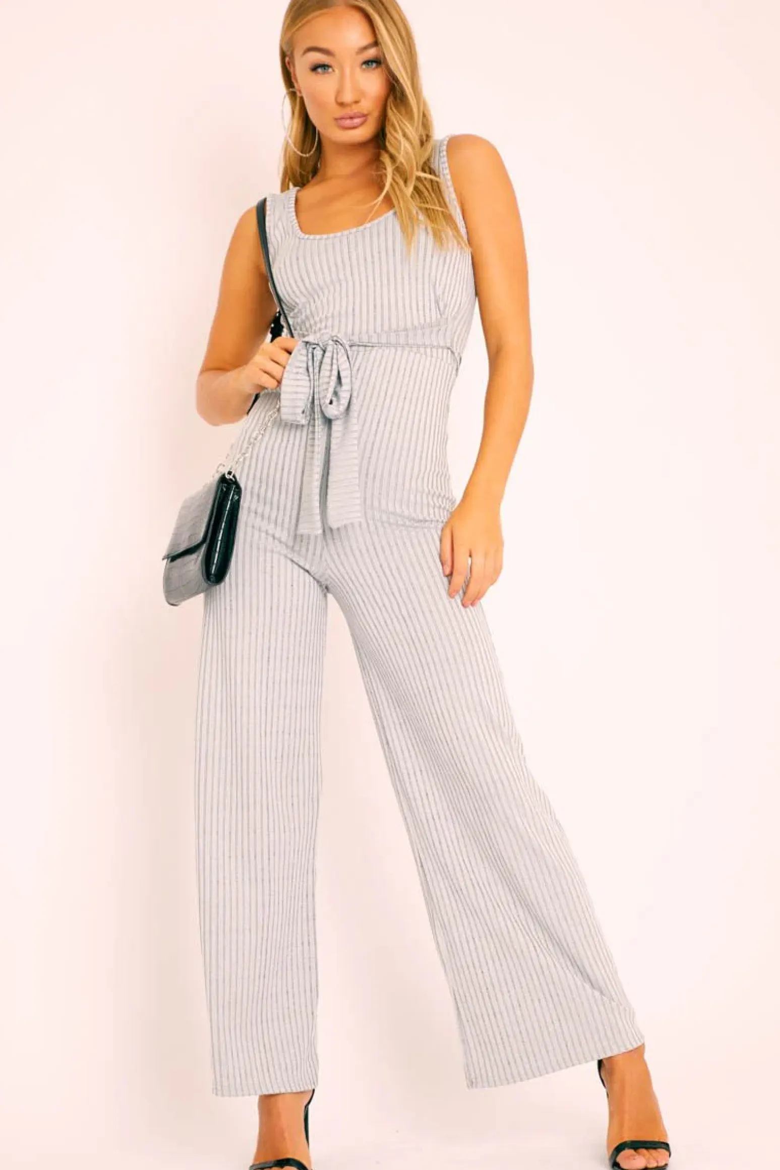 Rebellious Fashion Grey Ribbed Zip Back Belted Jumpsuit - Indiya