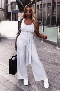 Rebellious Fashion Grey Ribbed Zip Back Belted Jumpsuit - Indiya