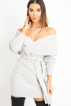 Rebellious Fashion Grey Rib Belted Plunge Jumper Dress - Ember