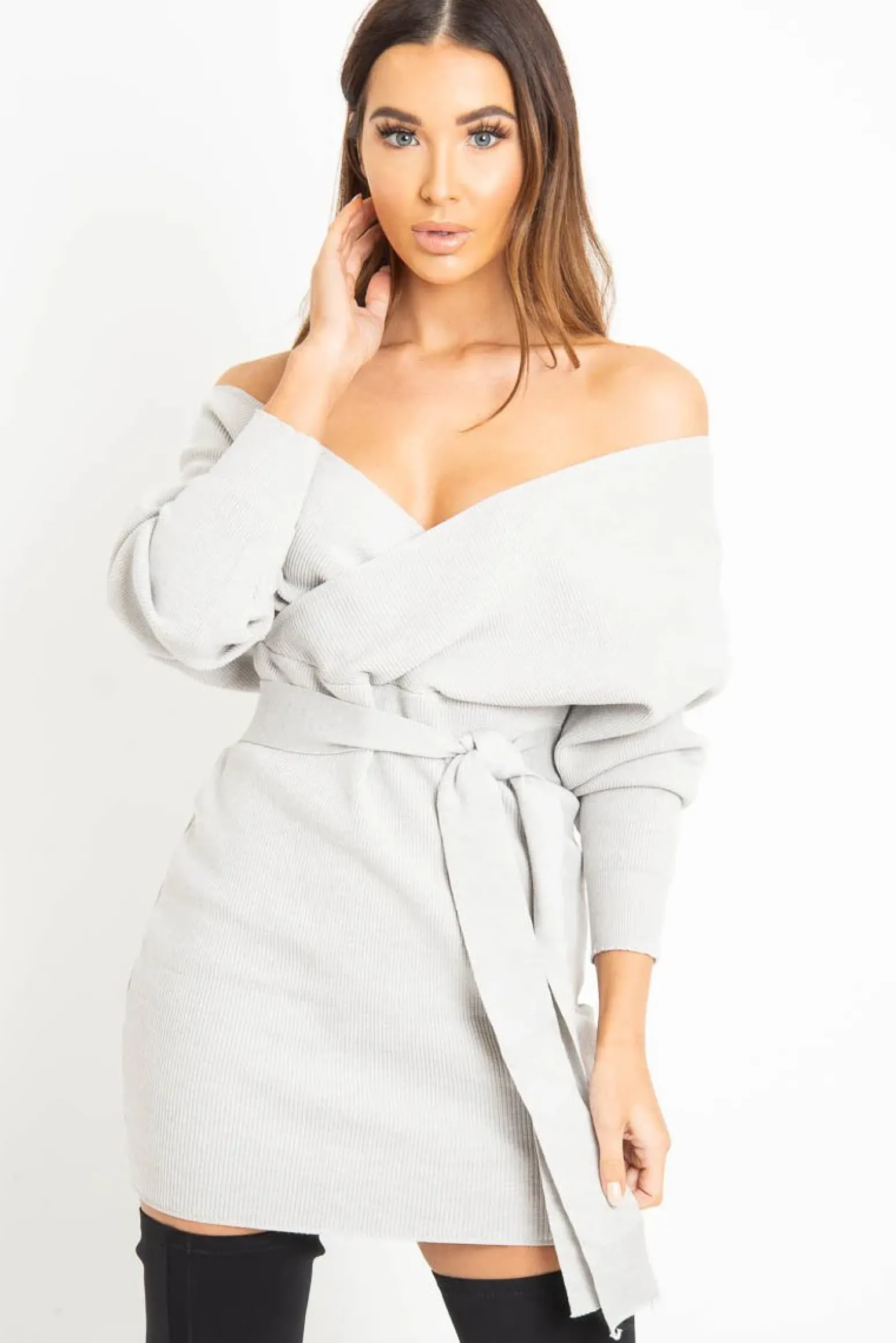 Rebellious Fashion Grey Rib Belted Plunge Jumper Dress - Ember