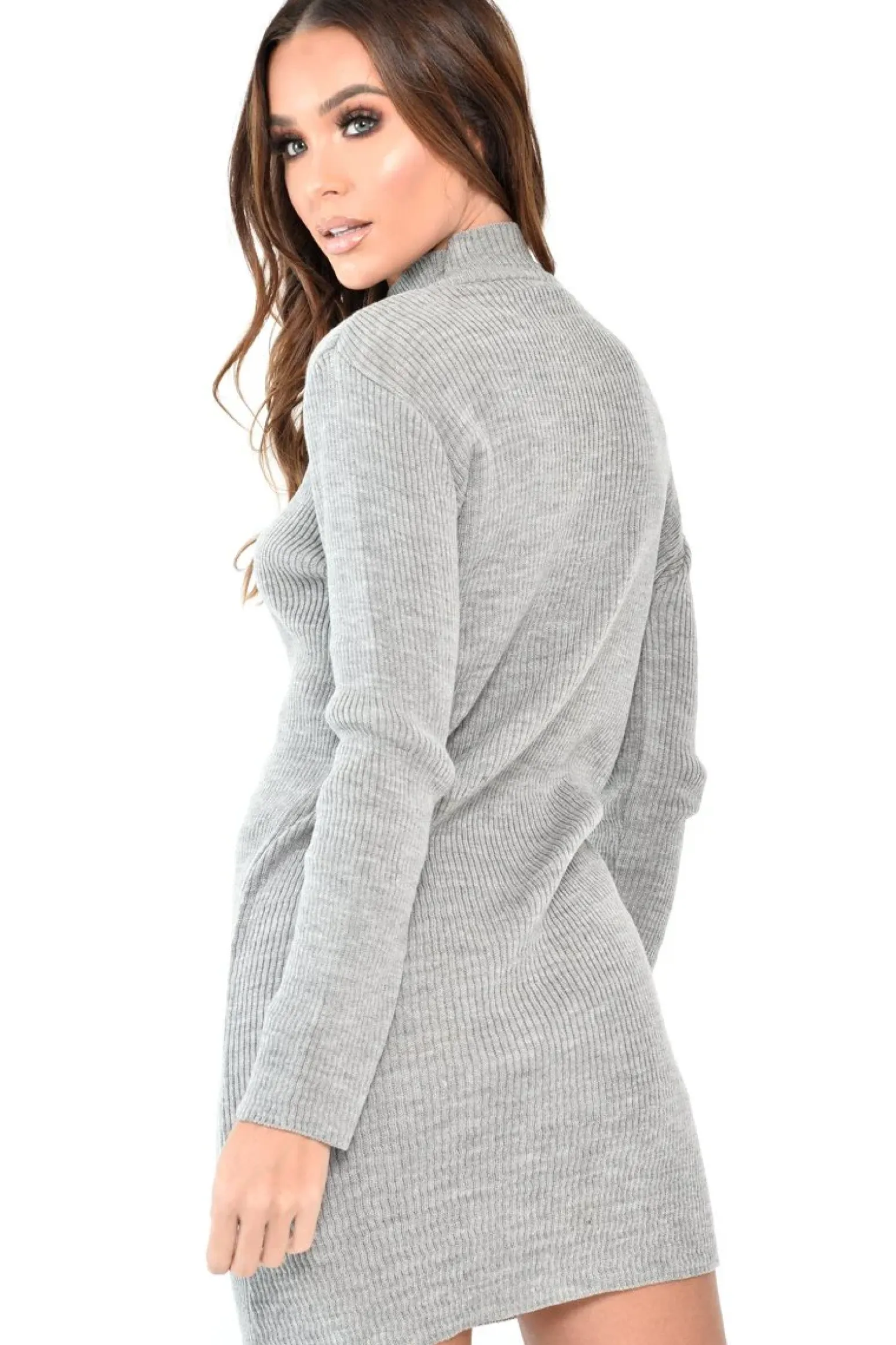 Rebellious Fashion Grey Rib Bodycon Turtle Neck Mini Dress - Tesia
