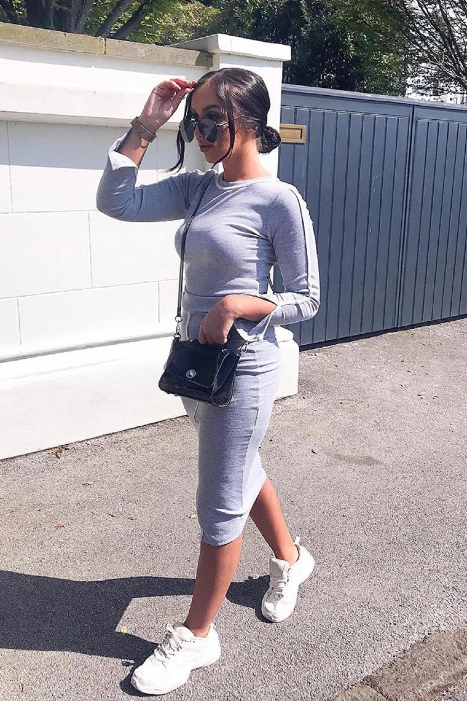 Rebellious Fashion Grey Rib Contrast Piping Top Midi Skirt Co-Ord - Ibbie