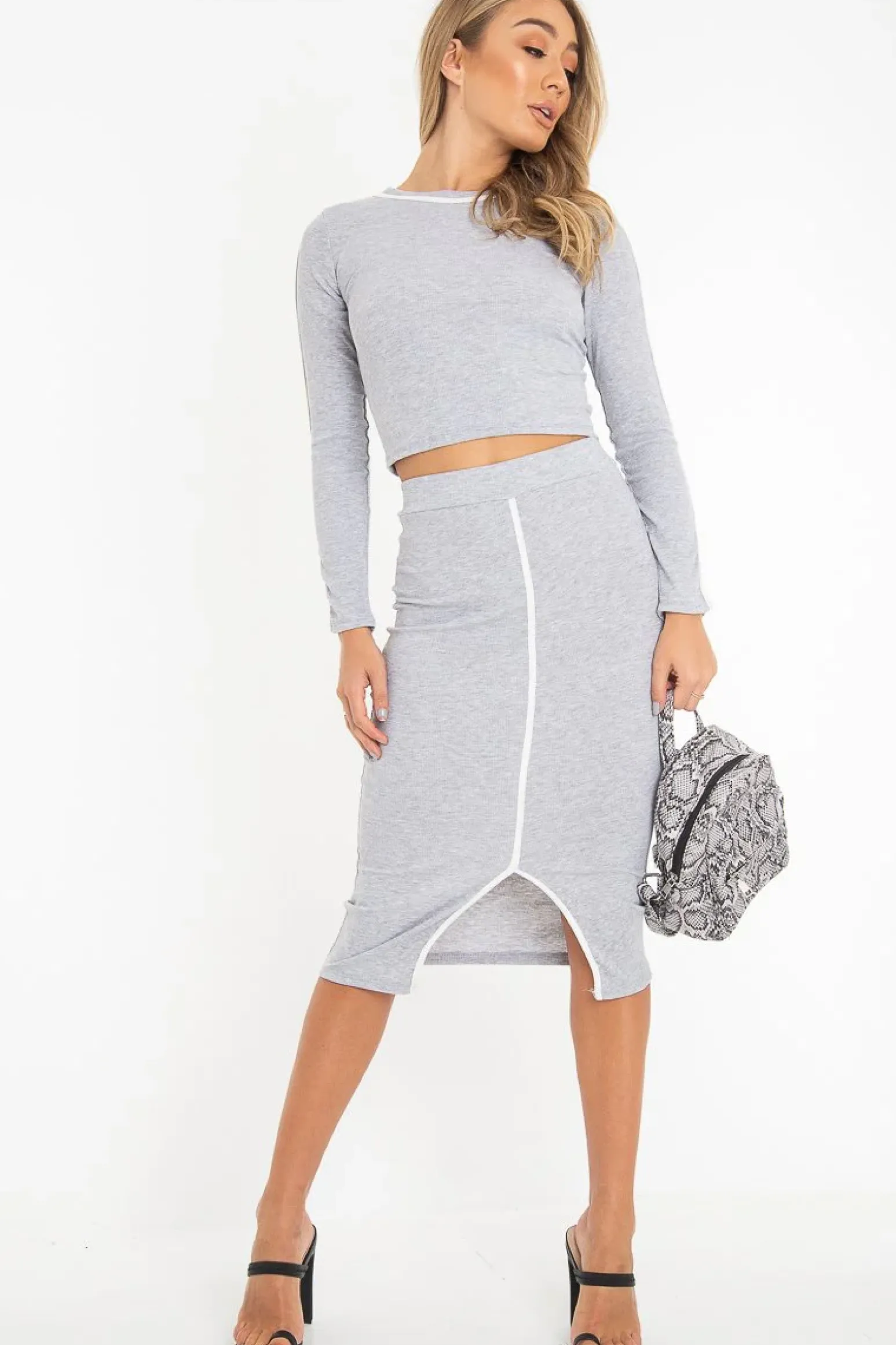 Rebellious Fashion Grey Rib Contrast Piping Top Midi Skirt Co-Ord - Ibbie