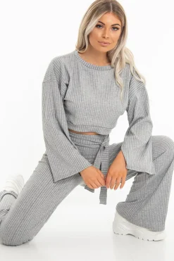 Rebellious Fashion Grey Rib Crop Jumper Tie Wide Leg Trousers Loungewear Co-Ord - Mirabel