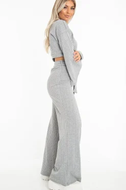 Rebellious Fashion Grey Rib Crop Jumper Tie Wide Leg Trousers Loungewear Co-Ord - Mirabel