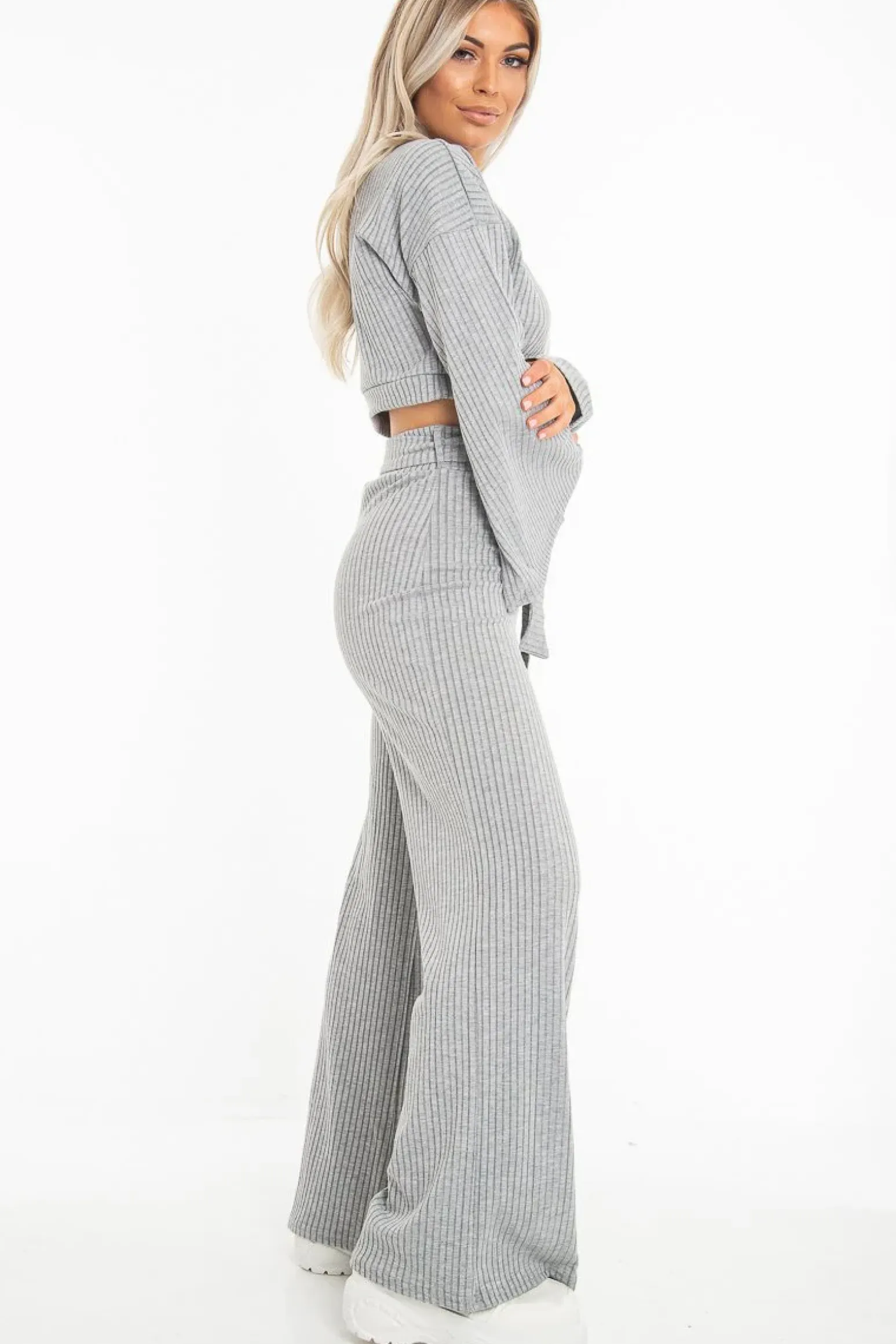 Rebellious Fashion Grey Rib Crop Jumper Tie Wide Leg Trousers Loungewear Co-Ord - Mirabel