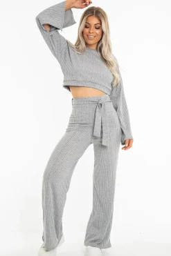 Rebellious Fashion Grey Rib Crop Jumper Tie Wide Leg Trousers Loungewear Co-Ord - Mirabel