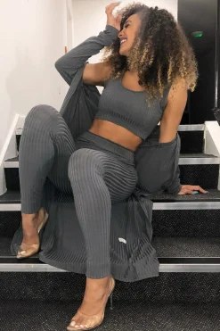 Rebellious Fashion Grey Rib Crop Top Leggings Co-Ord - Elenah